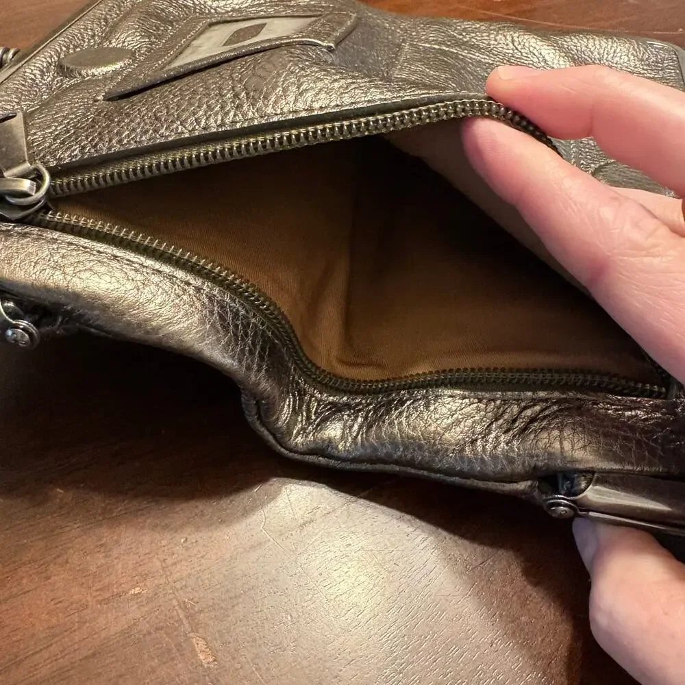 HOBO Lauren Leather Clutch Wallet Pewter Gray Metallic Double Kiss Lock Studded